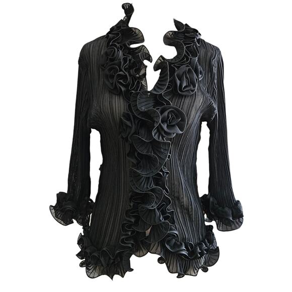 Other Tops - Y2k Euro Top Office Siren Ruffle Front Black Minimalist Sheer - Size Small